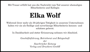 Todesanzeige von Elka Wolf von saarbruecker_zeitung