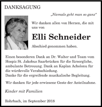 Todesanzeige von Elli Schneider von saarbruecker_zeitung