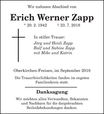Todesanzeige von Erich Werner Zapp von saarbruecker_zeitung