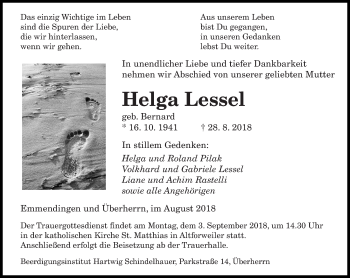 Todesanzeige von Helga Lessel von saarbruecker_zeitung