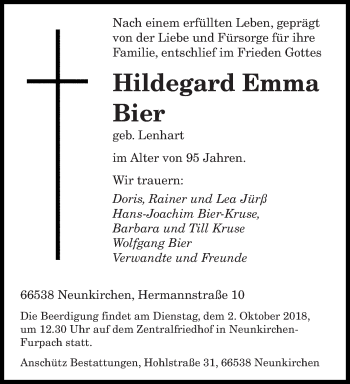 Todesanzeige von Hildegard Emma Bier von saarbruecker_zeitung