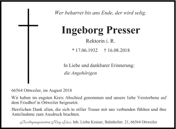 Todesanzeige von Ingeborg Presser von saarbruecker_zeitung