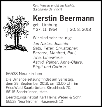 Todesanzeige von Kerstin Beermann von saarbruecker_zeitung