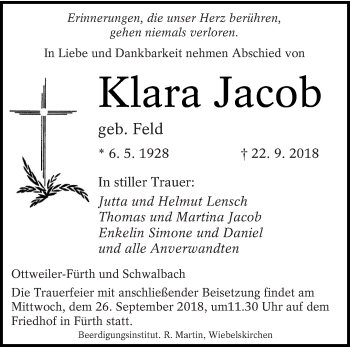 Todesanzeige von Klara Jacob von saarbruecker_zeitung