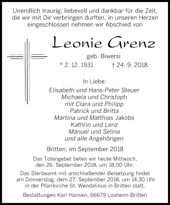 Todesanzeige von Leonie Grenz von saarbruecker_zeitung