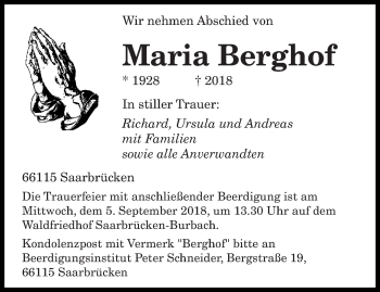 Todesanzeige von Maria Berghof von saarbruecker_zeitung