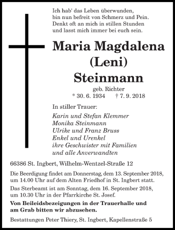 Todesanzeige von Maria Magdalena Steinmann von saarbruecker_zeitung