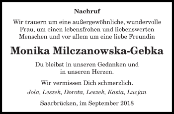 Todesanzeige von Monika Milczanowska-Gebka von saarbruecker_zeitung