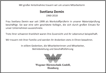 Todesanzeige von Svetlana Demin von saarbruecker_zeitung