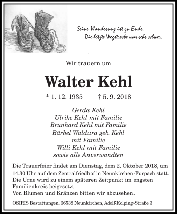 Todesanzeige von Walter Kehl von saarbruecker_zeitung