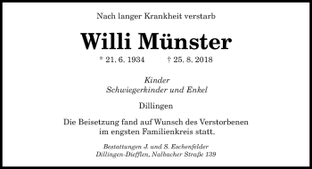 Todesanzeige von Willi Münster von saarbruecker_zeitung
