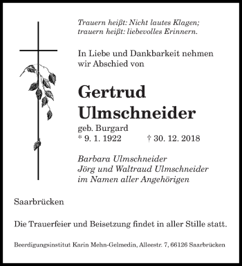 Todesanzeige von Barbara Ulmschneider von saarbruecker_zeitung
