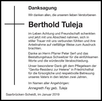 Todesanzeige von Berthold Tuleja von saarbruecker_zeitung