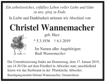 Todesanzeige von Christel Wannemacher von saarbruecker_zeitung