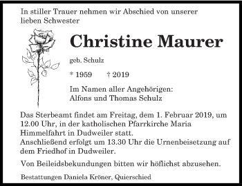 Todesanzeige von Christine Maurer von saarbruecker_zeitung