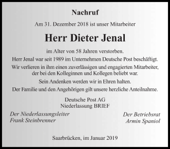 Todesanzeige von Dieter Jenal von saarbruecker_zeitung
