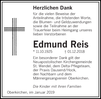 Todesanzeige von Edmund Reis von saarbruecker_zeitung