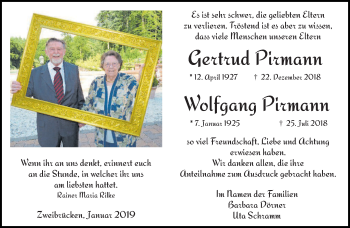 Todesanzeige von Gertrud und Wolfgang Pirmann von saarbruecker_zeitung