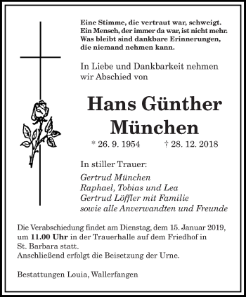 Todesanzeige von Hans Günther München von saarbruecker_zeitung