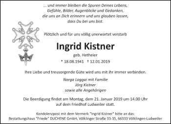 Todesanzeige von Ingrid Kistner von saarbruecker_zeitung