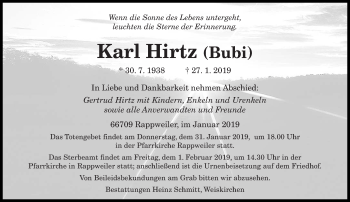 Todesanzeige von Karl Hirtz  von saarbruecker_zeitung