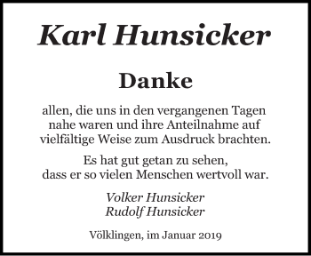 Todesanzeige von Karl Hunsicker von saarbruecker_zeitung