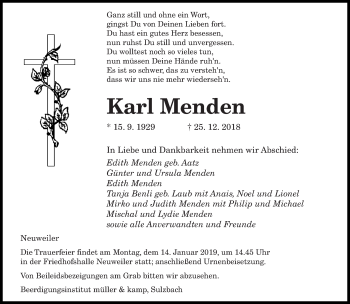 Todesanzeige von Karl Menden von saarbruecker_zeitung