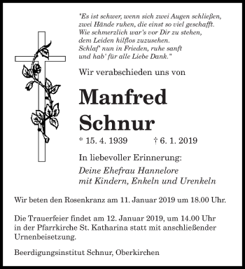 Todesanzeige von Manfred Schnur von saarbruecker_zeitung