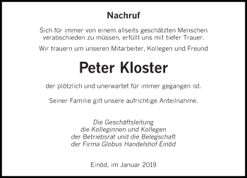 Todesanzeige von Peter Kloster von saarbruecker_zeitung
