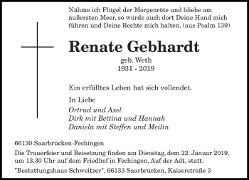 Todesanzeige von Renate Gebhardt von saarbruecker_zeitung