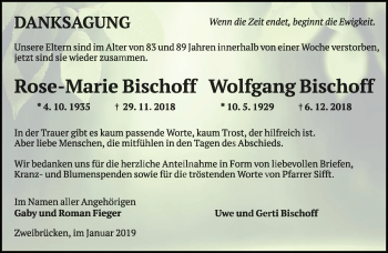 Todesanzeige von Rose-Marie und Wolfgang Bischoff von saarbruecker_zeitung