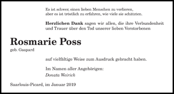 Todesanzeige von Rosmarie Poss von saarbruecker_zeitung