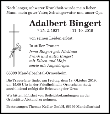 Todesanzeige von Adalbert Bingert von saarbruecker_zeitung