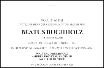 Todesanzeige von Beatus Buchholz von saarbruecker_zeitung