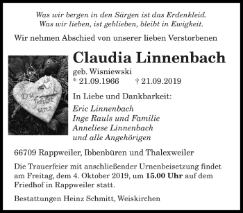 Todesanzeige von Claudia Linnenbach von saarbruecker_zeitung