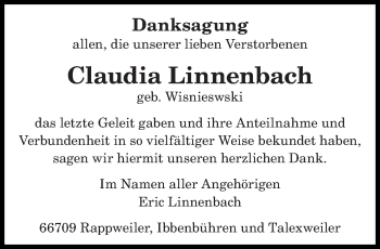 Todesanzeige von Claudia Linnenbach von saarbruecker_zeitung