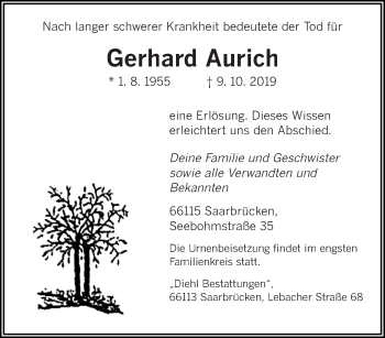 Todesanzeige von Gerhard Aurich von saarbruecker_zeitung