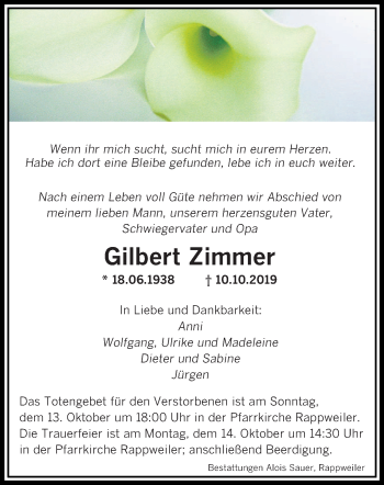 Todesanzeige von Gilbert Zimmer von saarbruecker_zeitung