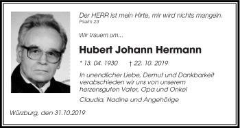 Todesanzeige von Hubert Johann Hermann von saarbruecker_zeitung