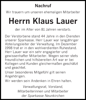 Todesanzeige von Klaus Lauer von saarbruecker_zeitung