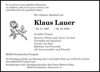 Todesanzeige von Klaus Lauer von saarbruecker_zeitung