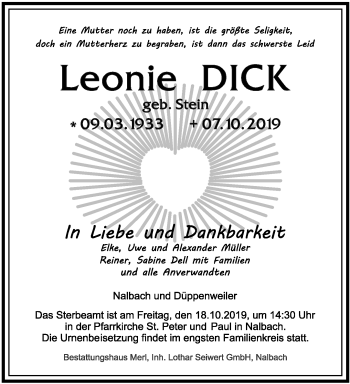 Todesanzeige von Leonie Dick von saarbruecker_zeitung