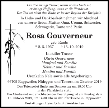 Todesanzeige von Rosa Gouverneur von saarbruecker_zeitung