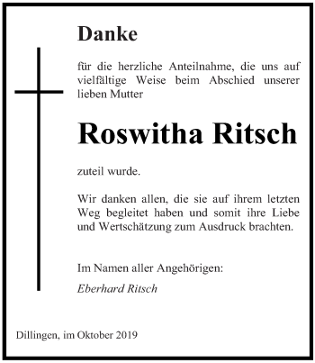 Todesanzeige von Roswitha Ritsch von saarbruecker_zeitung