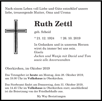 Todesanzeige von Ruth Zettl von saarbruecker_zeitung