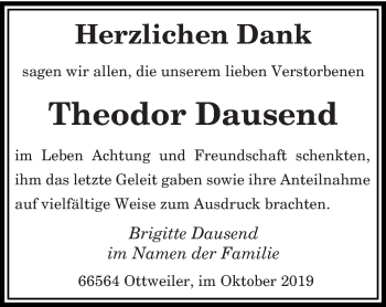 Todesanzeige von Theodor Dausend von saarbruecker_zeitung