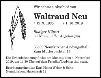 Todesanzeige von Waltraud Neu von saarbruecker_zeitung