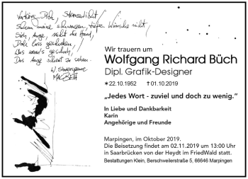 Todesanzeige von Wolfang Richard Büch von saarbruecker_zeitung