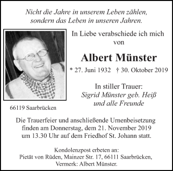 Todesanzeige von Albert Münster von saarbruecker_zeitung