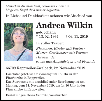 Todesanzeige von Andrea Wilkin von saarbruecker_zeitung